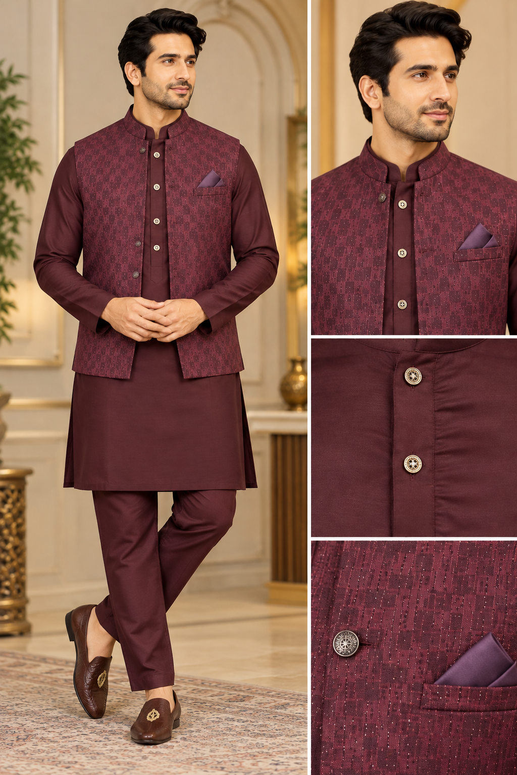 KPD7160 Burgundy Jacquard Koti with Matching Wine Kurta Pant Set