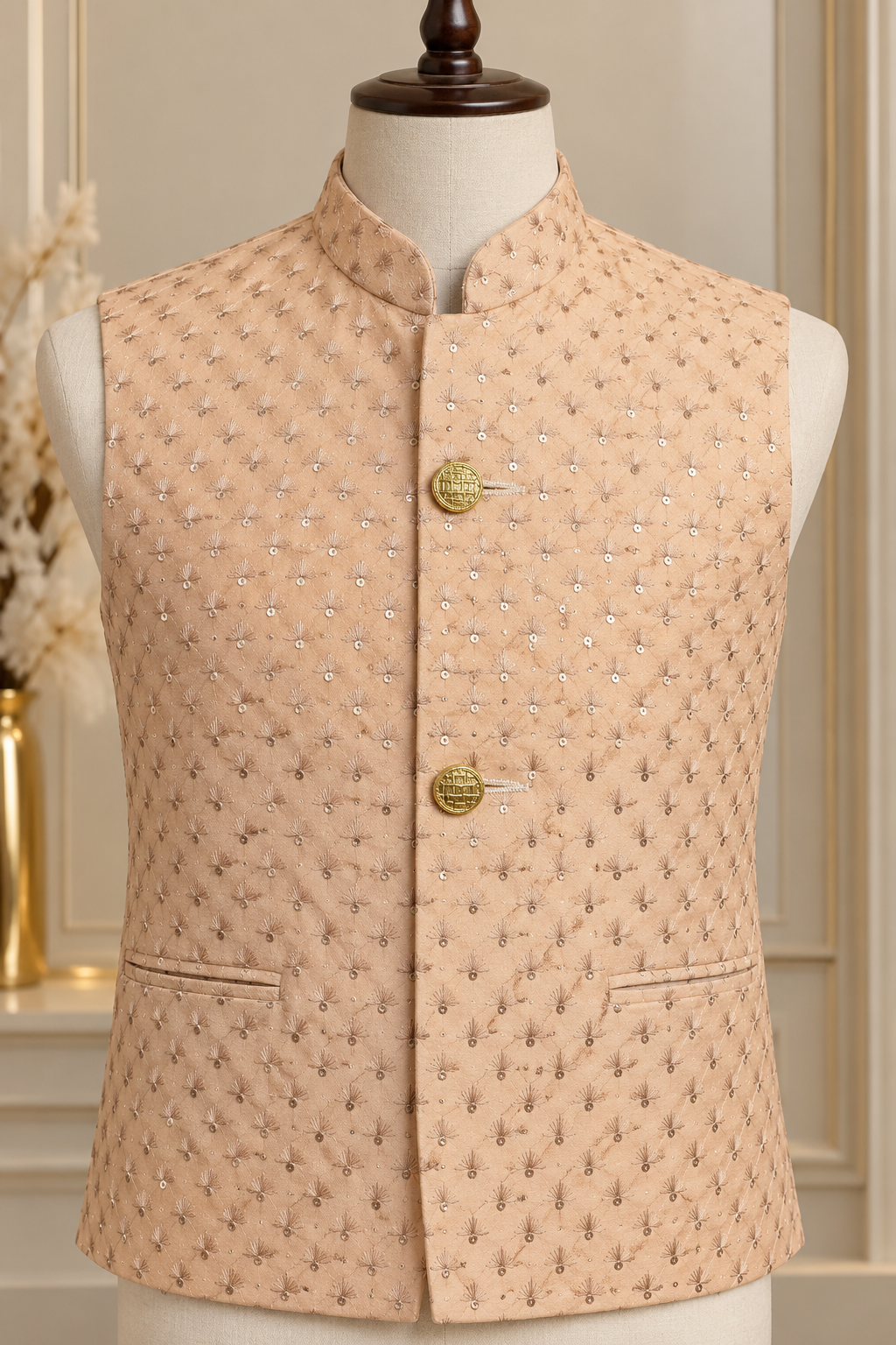KPD7161 Peach Embroidered Jacket with Ivory Kurta Pant Set