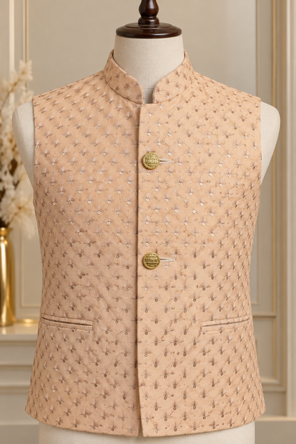 KPD7161 Peach Embroidered Jacket with Ivory Kurta Pant Set