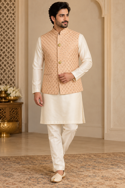 KPD7161 Peach Embroidered Jacket with Ivory Kurta Pant Set