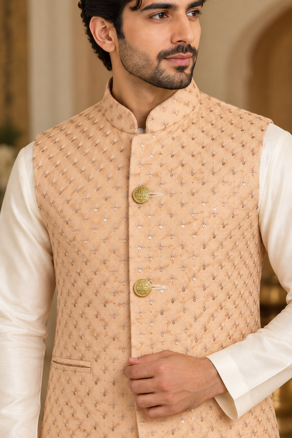 KPD7161 Peach Embroidered Jacket with Ivory Kurta Pant Set
