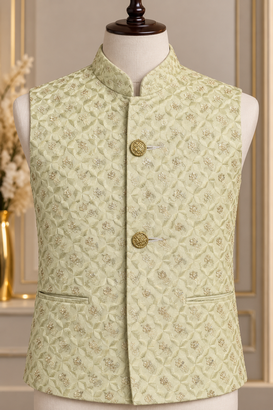 KPJ8014 Pistachio Mint Embroidered Nehru Jacket