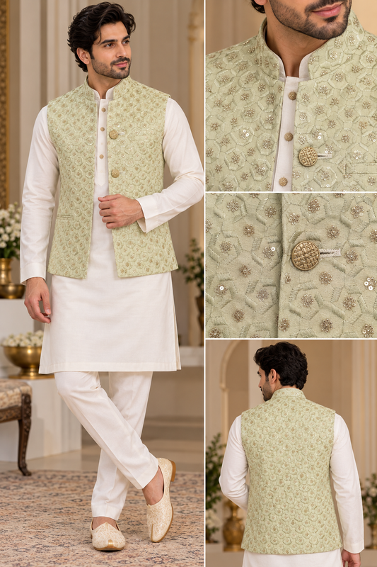 KPD7162 Pistachio Mint Embroidered Jacket with White Kurta Pant Set