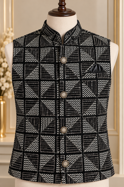 KPD7163 Black Velvet Embroidered Jacket with Black Kurta Pant Set