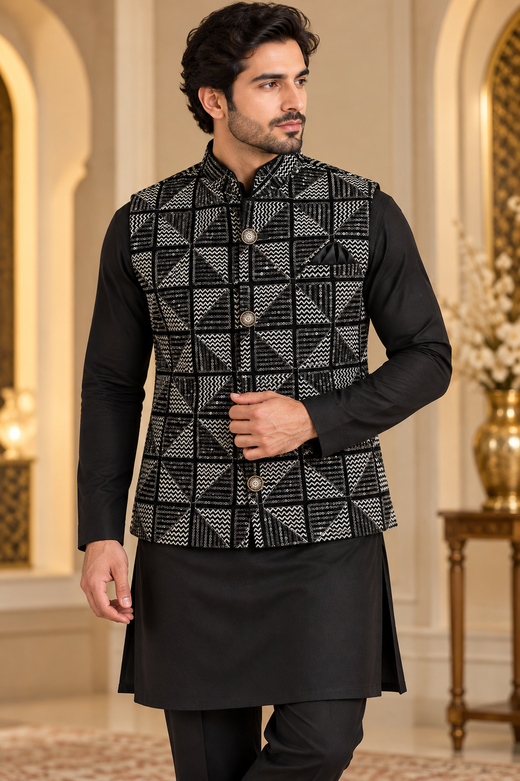 KPD7163 Black Velvet Embroidered Jacket with Black Kurta Pant Set