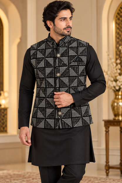 KPD7163 Black Velvet Embroidered Jacket with Black Kurta Pant Set