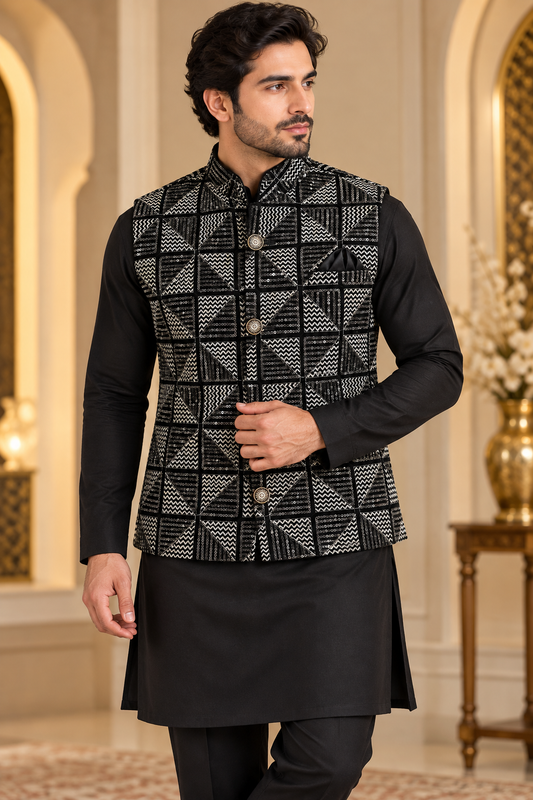 KPD7163 Black Velvet Embroidered Jacket with Black Kurta Pant Set