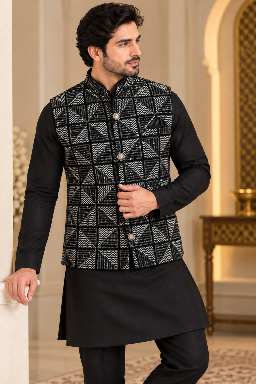 KPD7163 Black Velvet Embroidered Jacket with Black Kurta Pant Set
