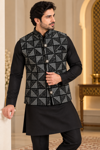 KPD7163 Black Velvet Embroidered Jacket with Black Kurta Pant Set