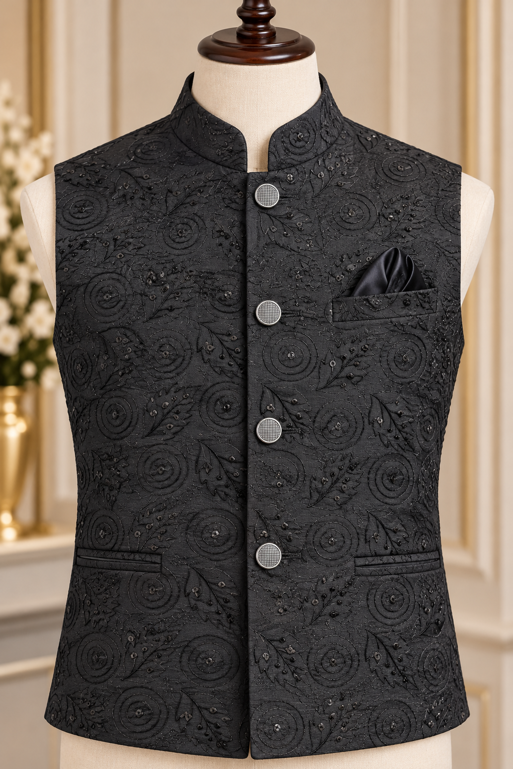 KPD7164 Black Embroidered Jacket with Wine Kurta Pant Set