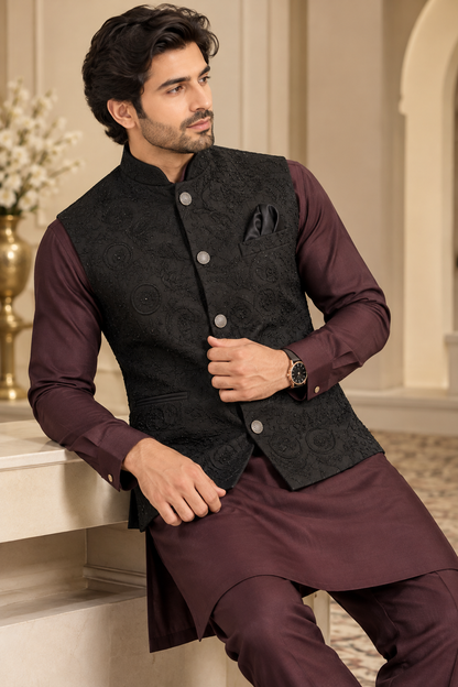 KPD7164 Black Embroidered Jacket with Wine Kurta Pant Set