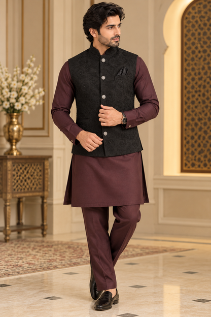 KPD7164 Black Embroidered Jacket with Wine Kurta Pant Set