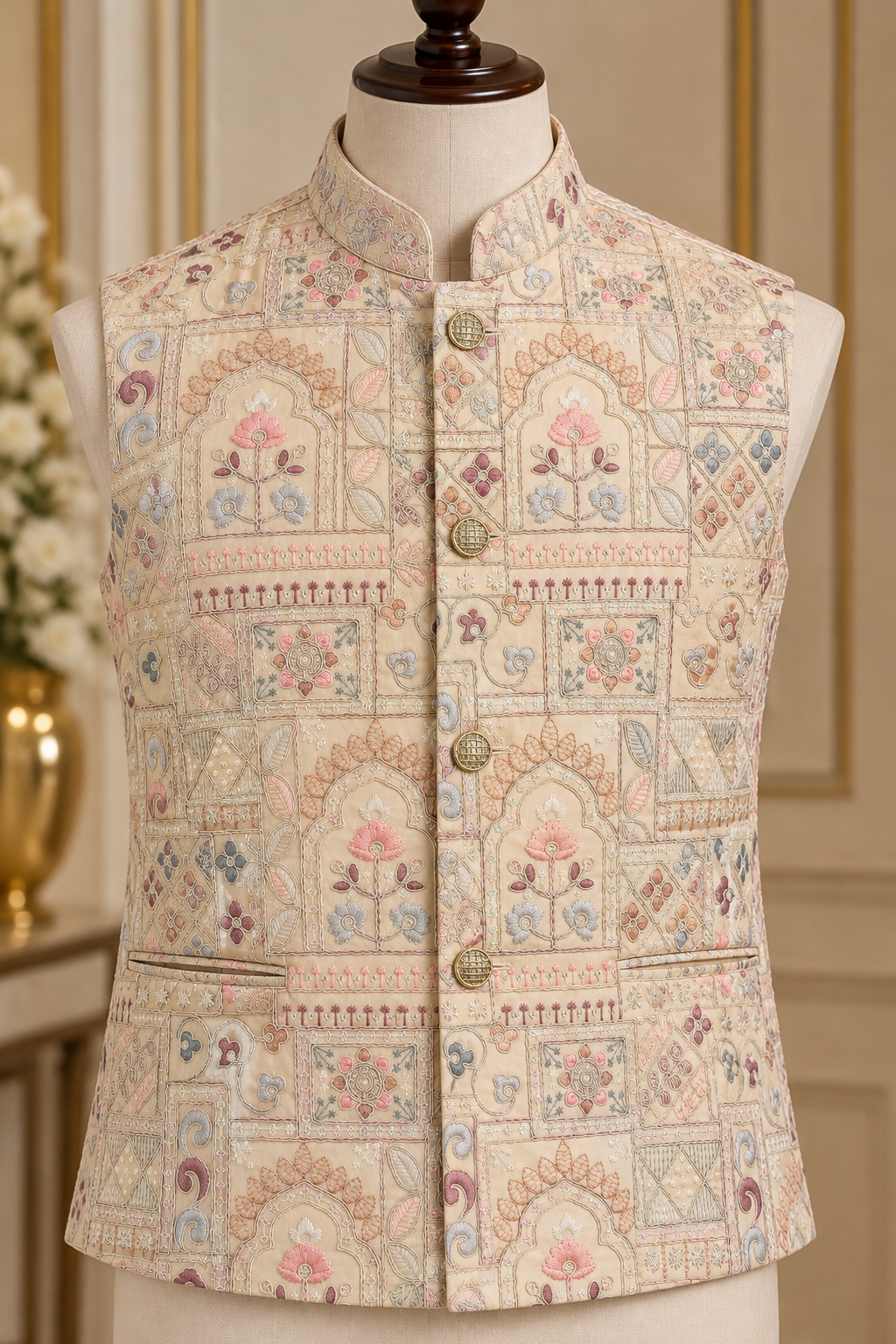 KPD7165 Lemon Beige Heavy Work Jacket with Taupe Kurta Pant Set