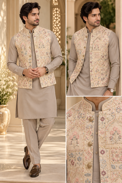 KPD7165 Lemon Beige Heavy Work Jacket with Taupe Kurta Pant Set