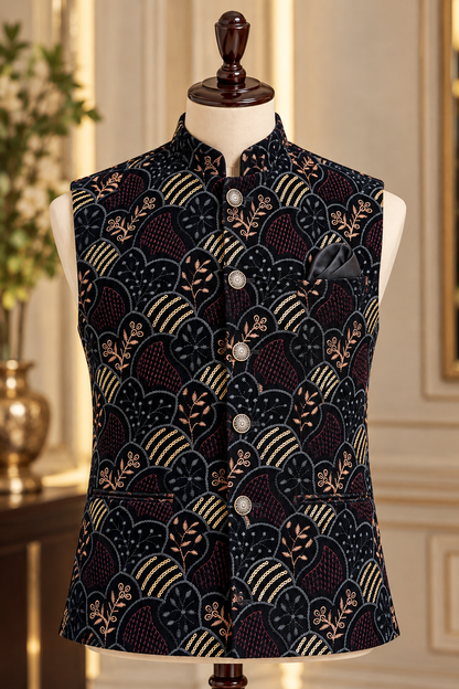 KPD7166 Black Multi Velvet Jacket with Dark Green Kurta Pant Set