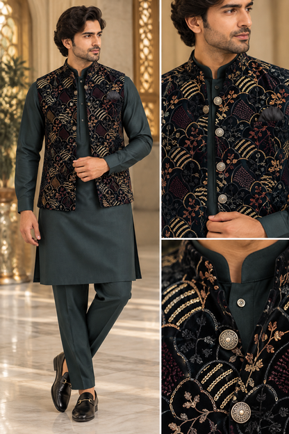KPD7166 Black Multi Velvet Jacket with Dark Green Kurta Pant Set