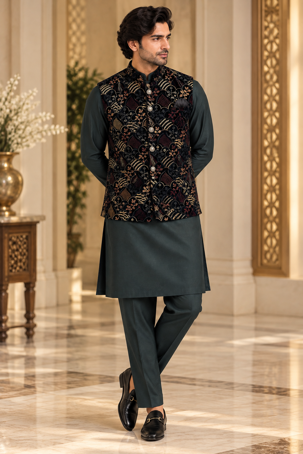 KPD7166 Black Multi Velvet Jacket with Dark Green Kurta Pant Set
