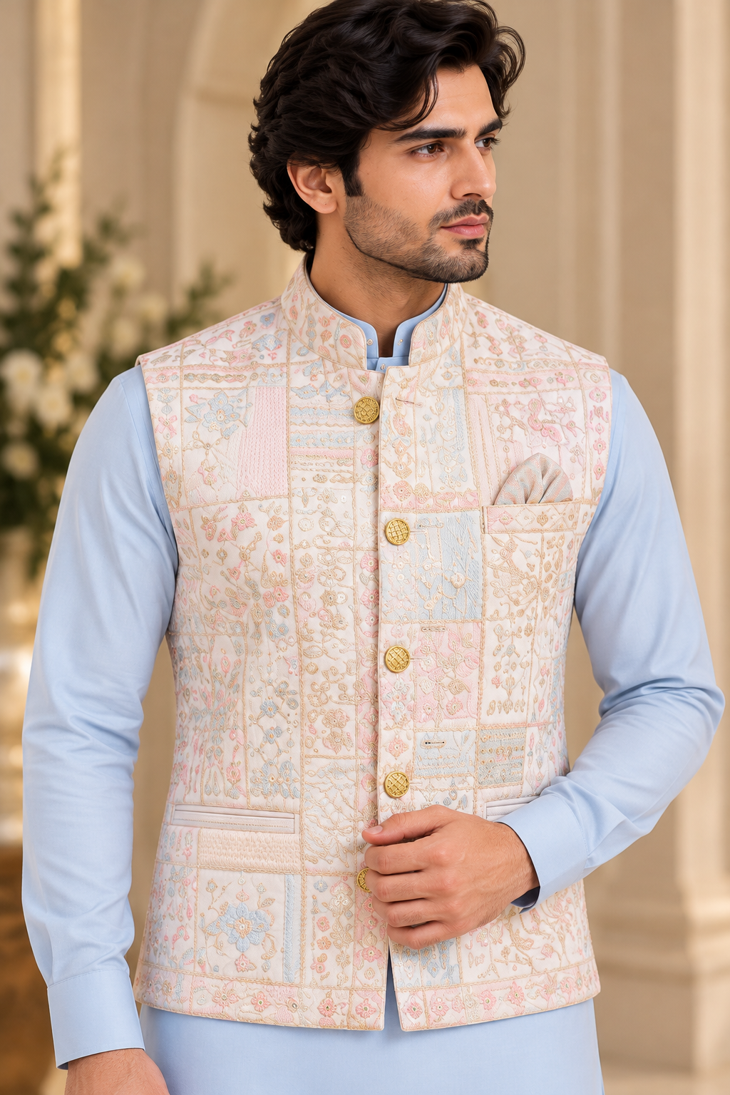KPD7167 White Multi-Embroidered Jacket with Powder Blue Kurta Pant Set