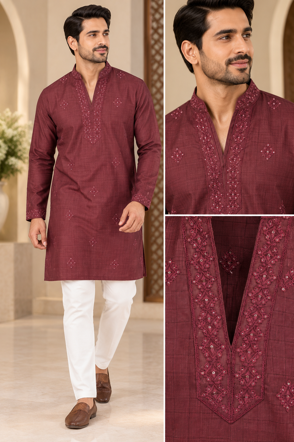 KPD6052 Maroon Embroidered Kurta with White Pyjama Set