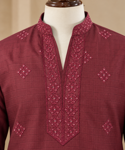 KPD6052 Maroon Embroidered Kurta with White Pyjama Set