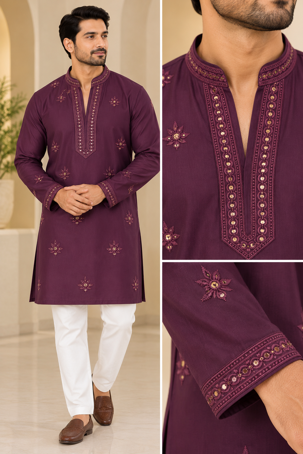 KPD6053 Royal Wine Mirror-Work Kurta with White Pyjama Set