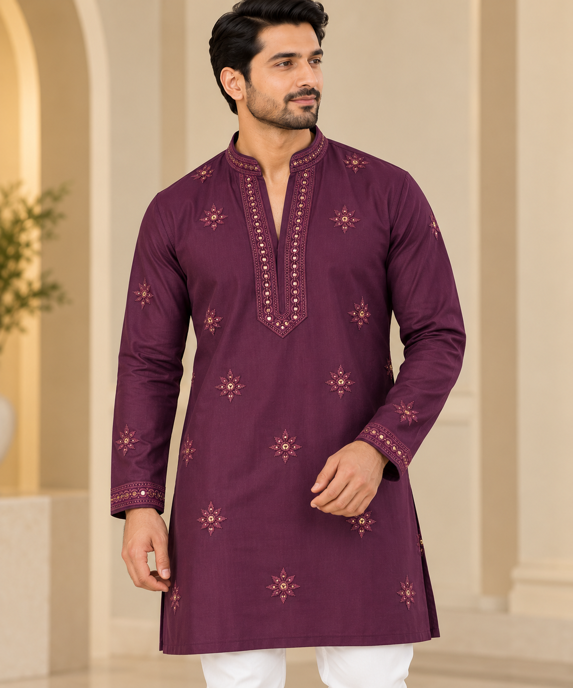 KPD6053 Royal Wine Mirror-Work Kurta with White Pyjama Set