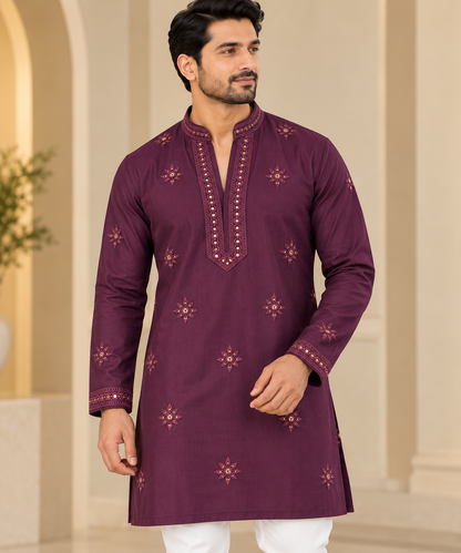 KPD6053 Royal Wine Mirror-Work Kurta with White Pyjama Set