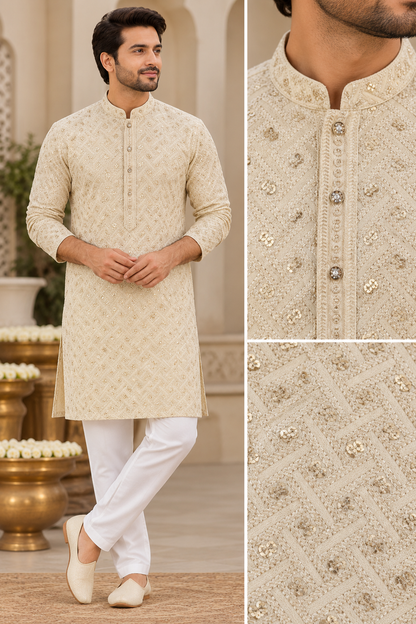 KPD6054 Champagne Gold Embroidered Kurta with White Pyjama Set