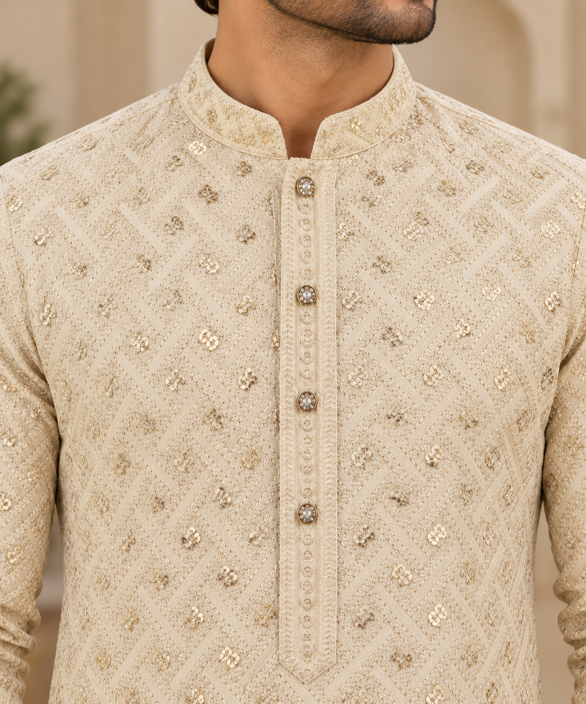 KPD6054 Champagne Gold Embroidered Kurta with White Pyjama Set