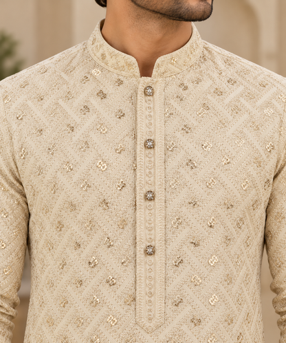 KPD6054 Champagne Gold Embroidered Kurta with White Pyjama Set