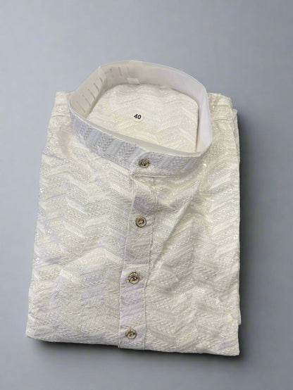 white luckhnowi kurta pyjama