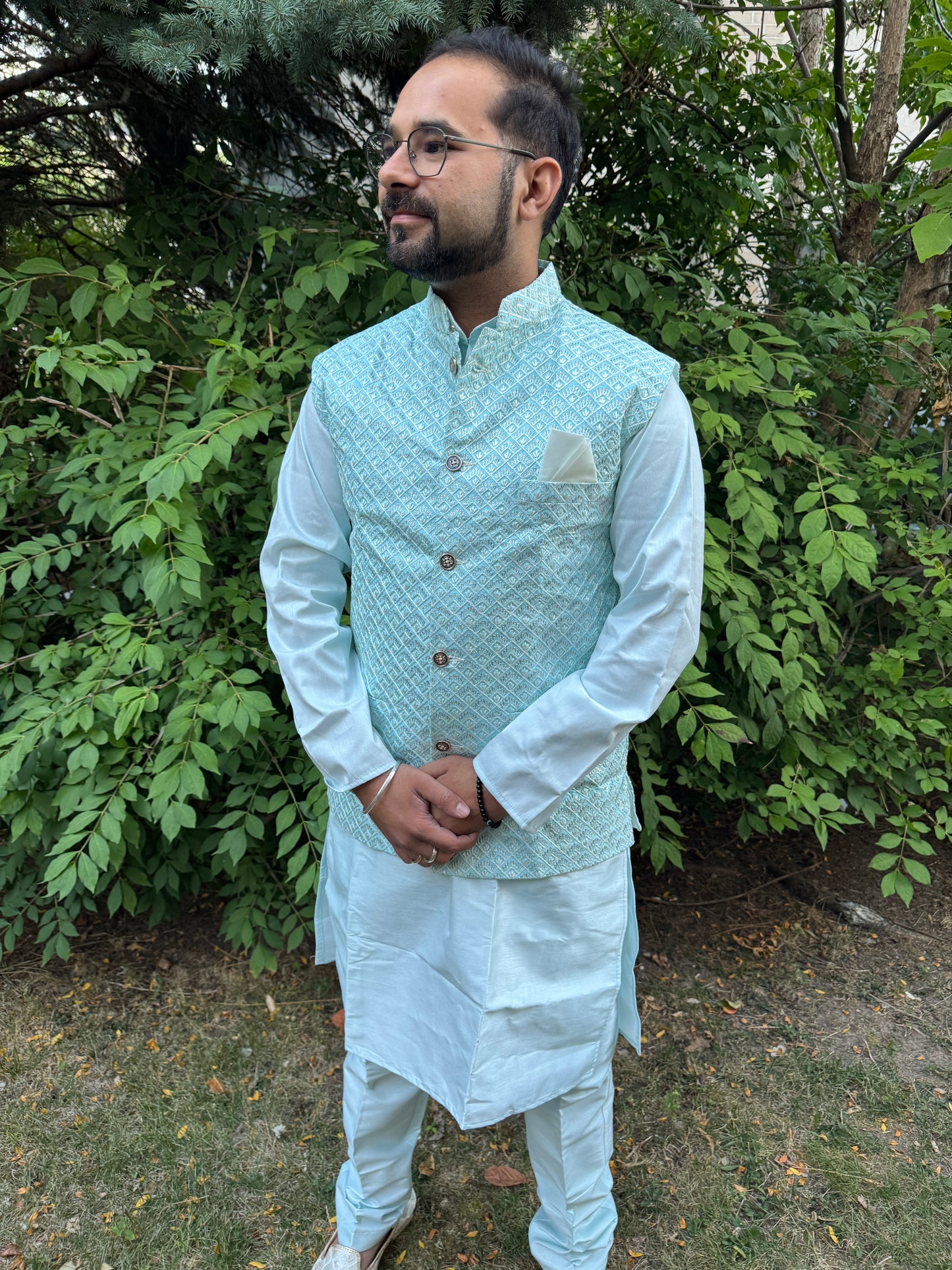 KPJ7064 Blue Nehru Jacket For Men - Kurtapyjama.ca