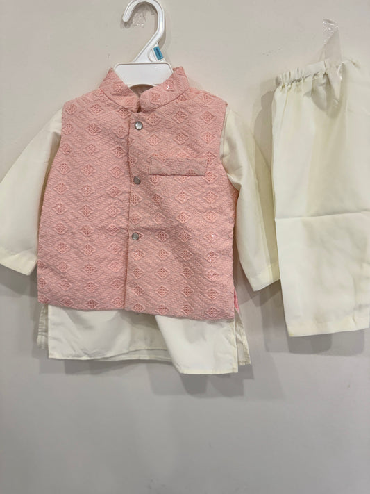 cream kurta and light pink nehru jacket