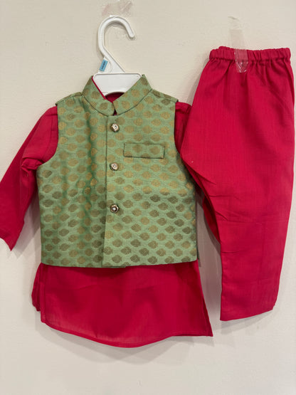 red kurta and green nehru jacket