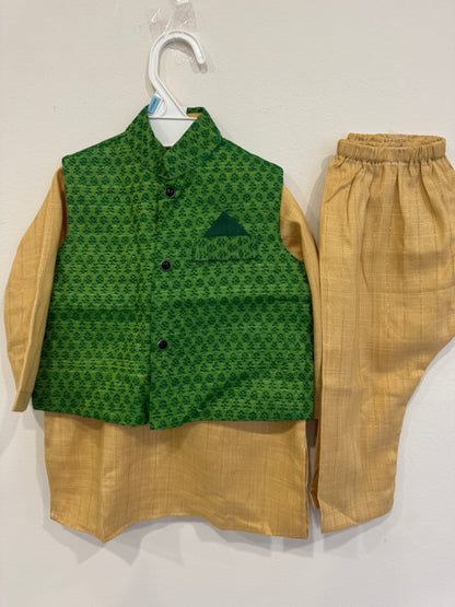 mustard yellow kurta and green nehru jacket
