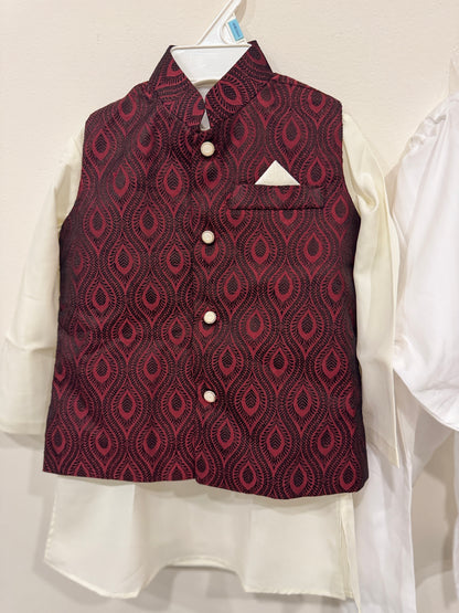 cream kurta and maroon nehru jacket
