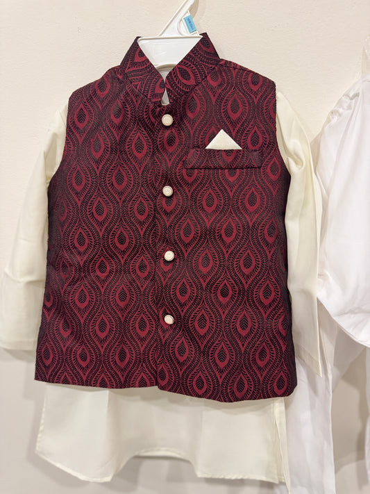cream kurta and maroon nehru jacket