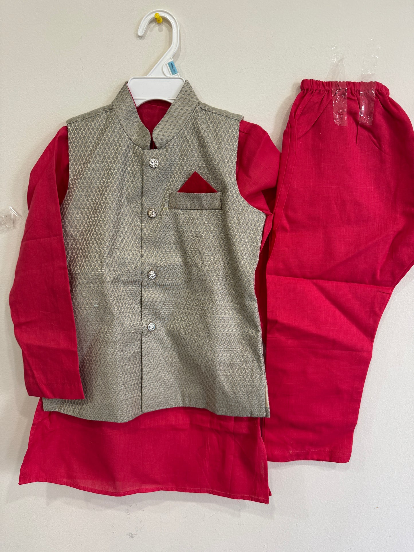 red kurta and champagne nehru jacket