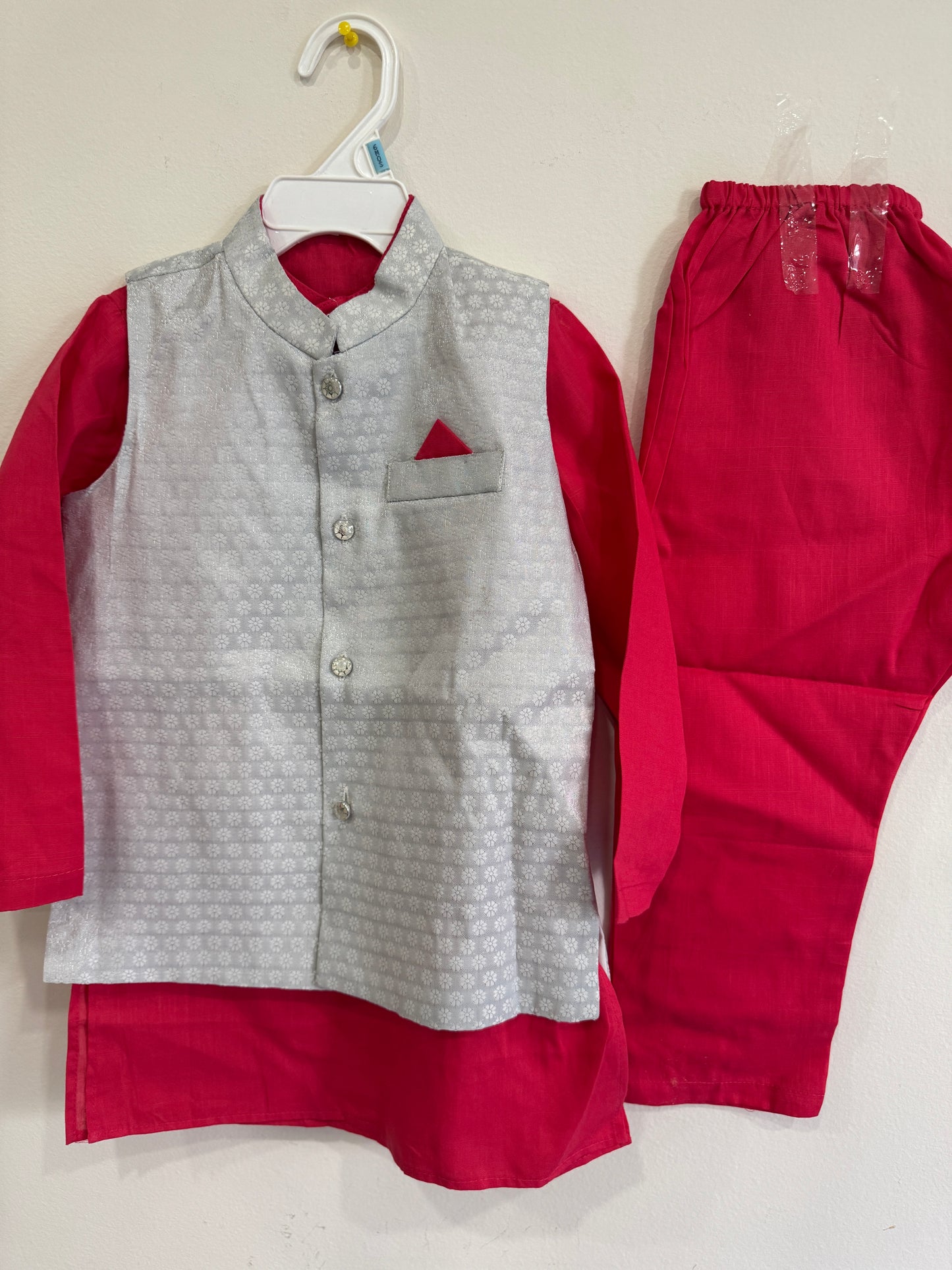 red kurta and grey nehru jacket