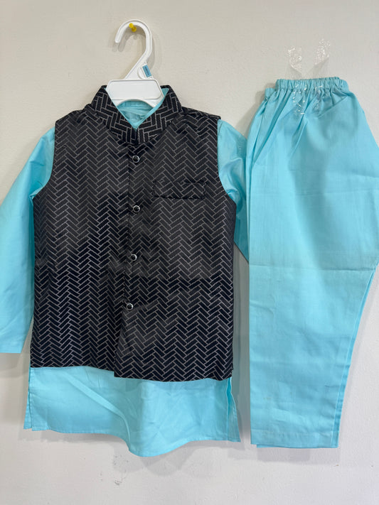 cyan kurta and black nehru jacket for kids