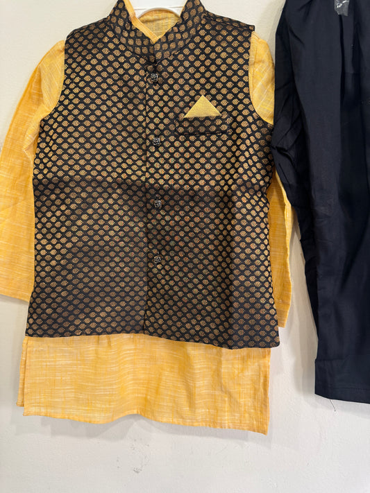 yellow kurta with black golden nehru jacket