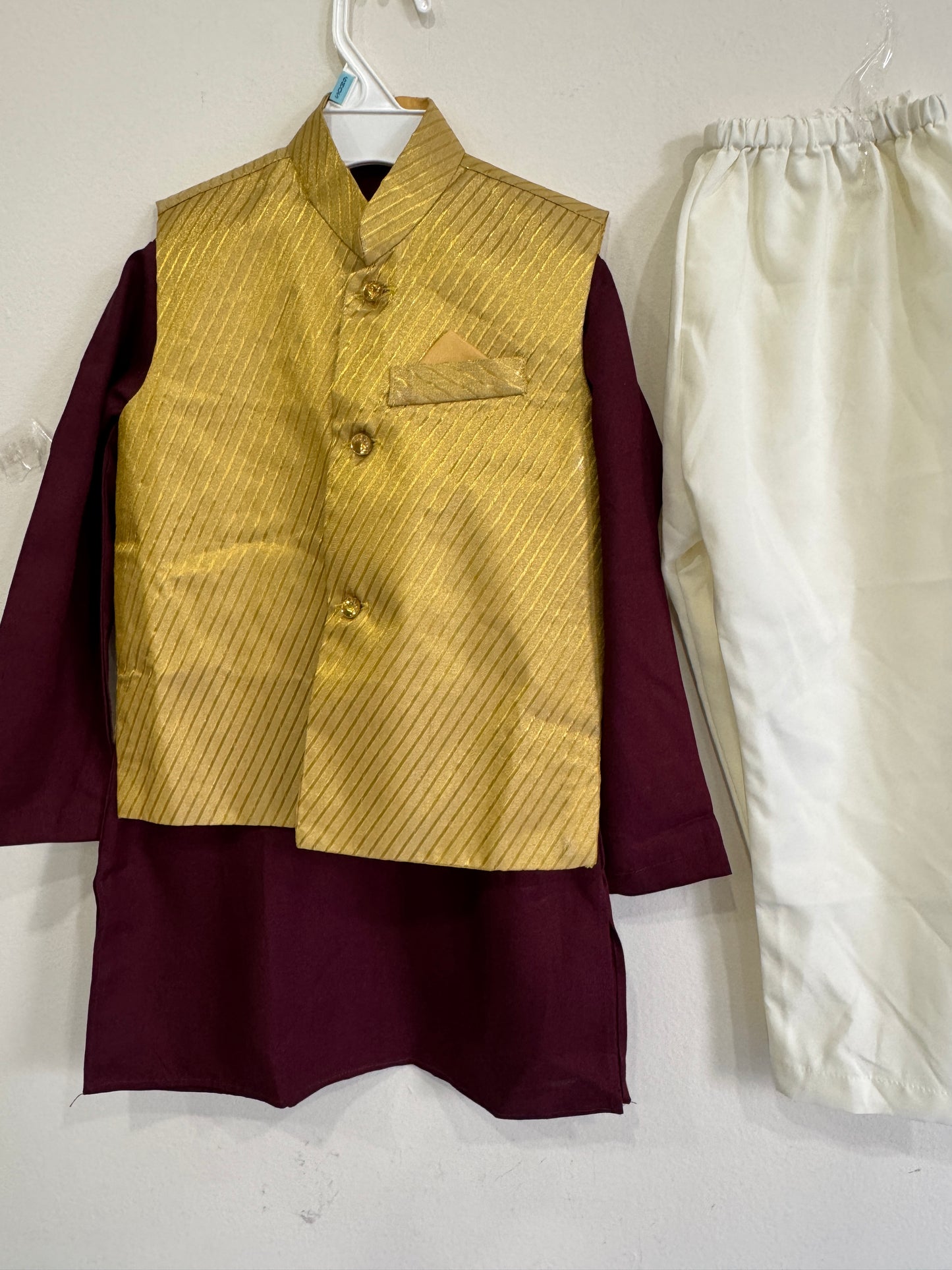 mahroon kurta pyjama and golden nehru jacket
