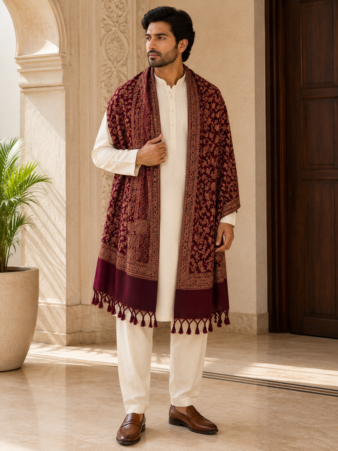 KPSH0158 Maroon Reversible Pashmina Floral Stole
