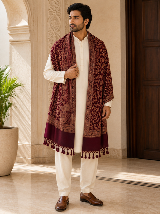 KPSH0158 Maroon Reversible Pashmina Floral Stole