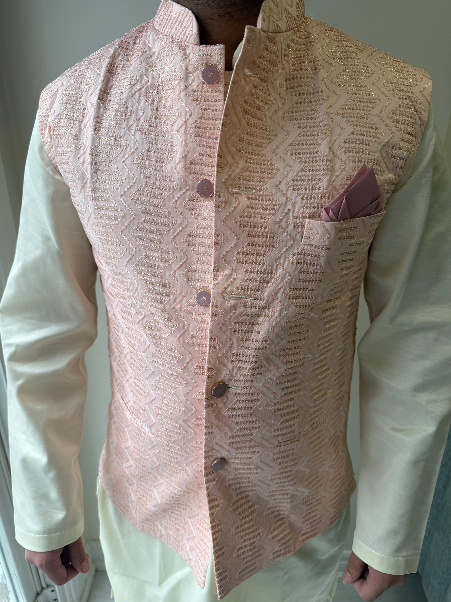 KPJ7096 Light Pink Heavy Sequin Work Nehru Jacket