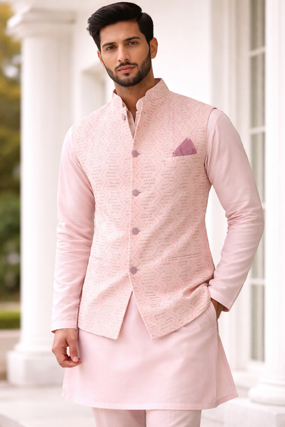 KPJ7096 Light Pink Heavy Sequin Work Nehru Jacket