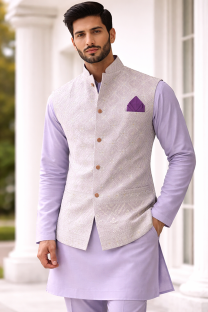 KPJ7095 Ivory Sequin Work Nehru Jacket