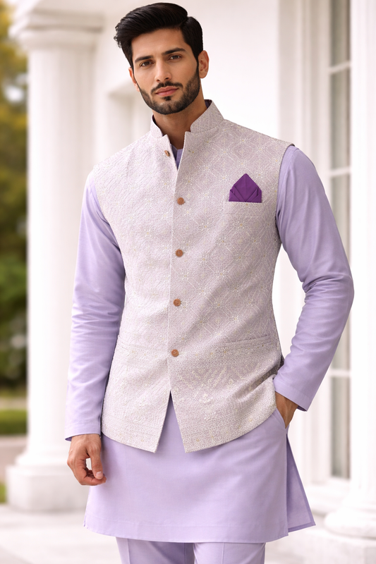 KPJ7095 Ivory Sequin Work Nehru Jacket