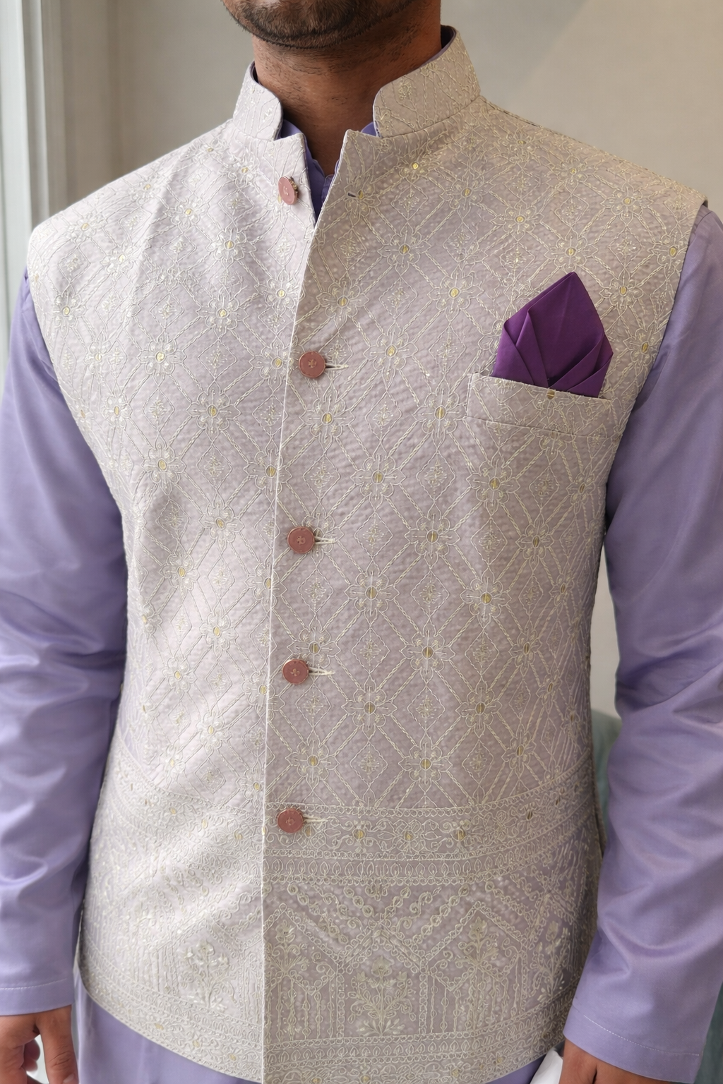 KPJ7095 Ivory Sequin Work Nehru Jacket
