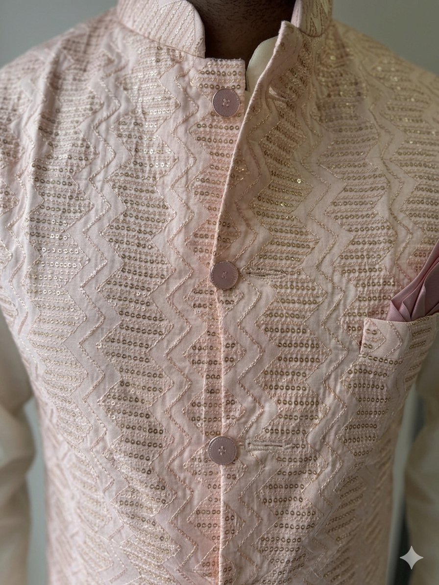 KPJ7096 Light Pink Heavy Sequin Work Nehru Jacket